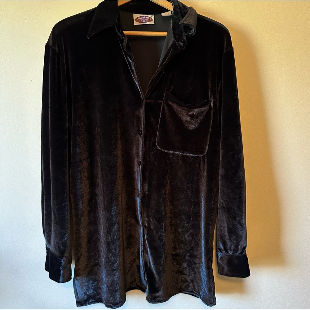 Vintage Casualaire Black Velvet Button Up Shirt Medium 90s Whimsigoth